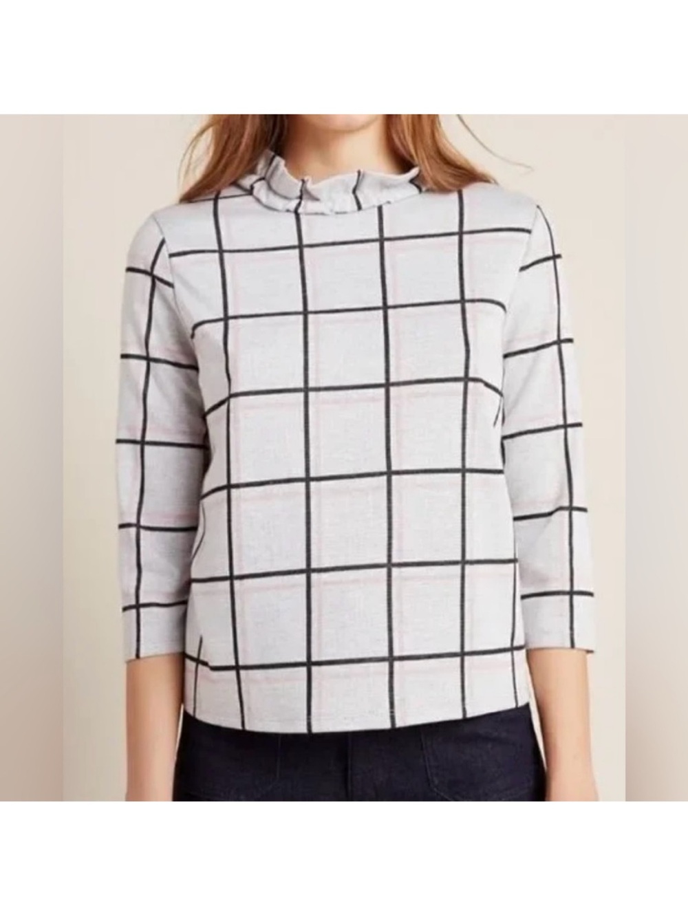 Anthropologie NWT Plaid Windowpane Ruffle Neck Sweater
